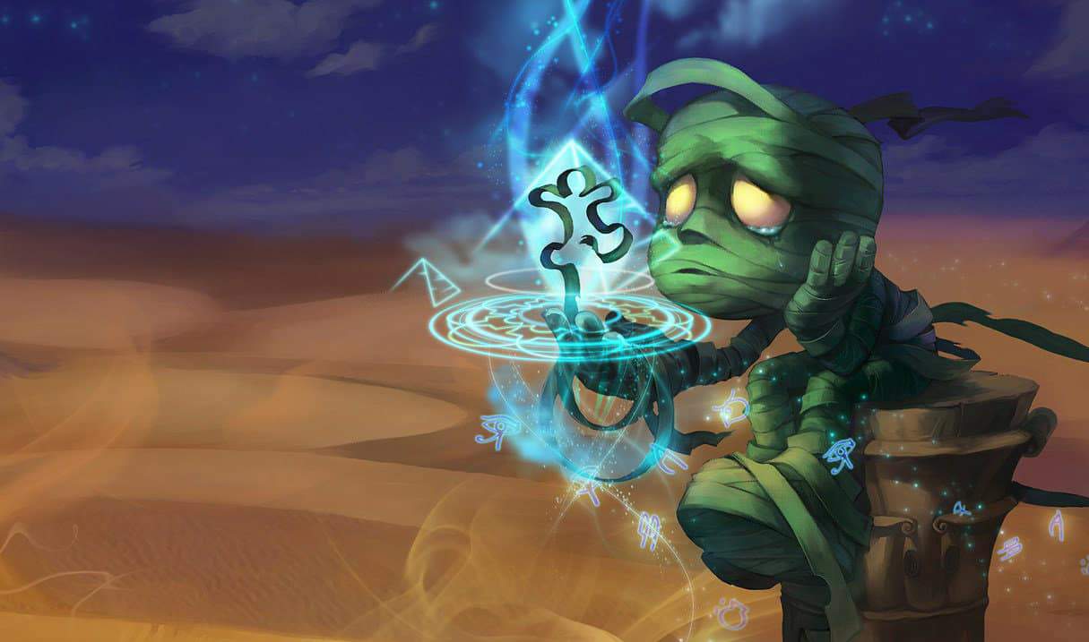 The splash art for League of Legends champion Amumu, with the mummy sadly looking at a human-like figure.