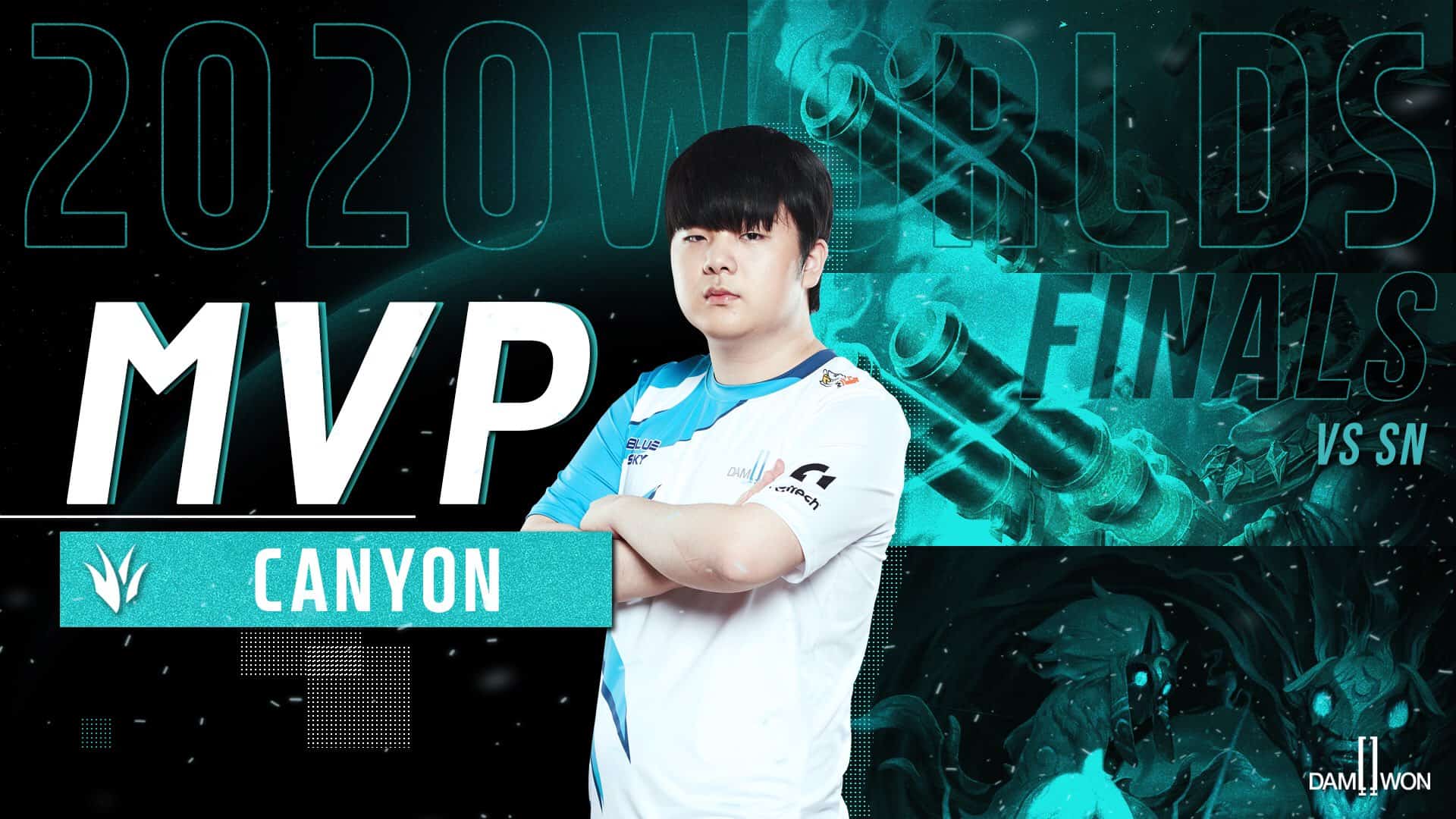 Damwon Gaming's jungler Kim "Canyon" Geon-bu stands with his arms folded and the letters "MVP" next to him after the LoL World Championship 2020
