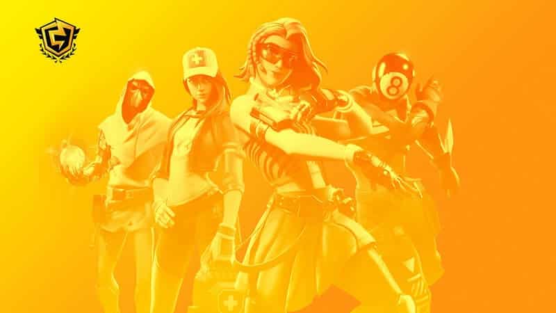 Four Fortnite characters stand together and pose with the FNCS logo in the top right with everything covered in a yellow/orange tint