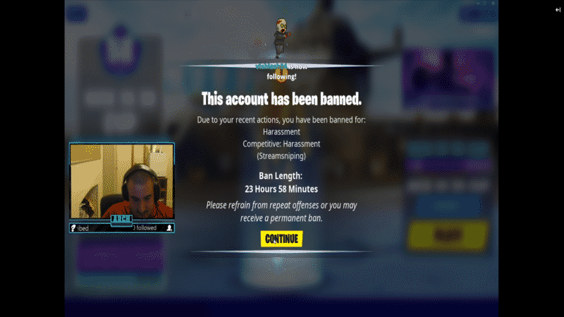 An image from ArchieFN's stream, showing the Fortnite ban notification screen