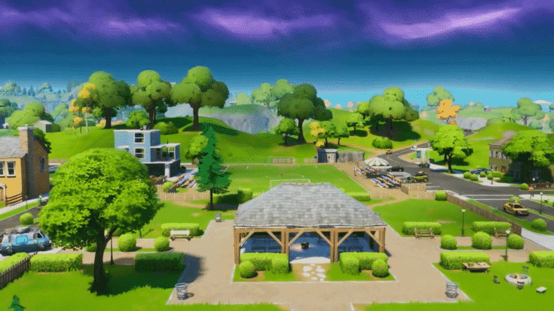 The in-game location, Pleasant Park, a recreational park area with a small football field and bleechers