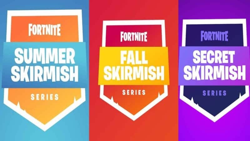 Three banners are shown in separate boxes for the Fortnite Summer Skirmish, Fortnite Fall Skirmish and Fortnite Secret Skirmish