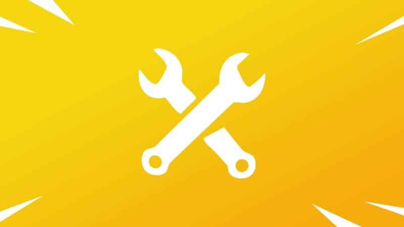 Two white wrenches are crossed with action lines shooting from them for Fortnite patch notes on a yellow background
