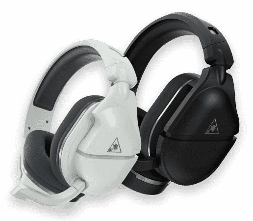 A picture of a white and a black model of the Turtle Beach Stealth 700 gaming headset on a white background