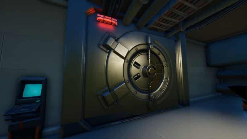 A huge vault door is closed and locked in a dimly lit hallway with a computer near it