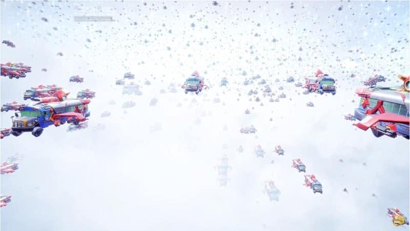 A screenshot from the Fortnite Devourer of Worlds events showing many weaponized Battle Buses flying in a white sky