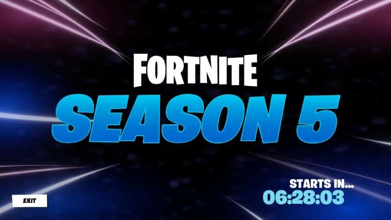 The text Fortnite Season 5 is in bold letters in the middle of the screen with rays of dark red and blue light shooting from it and a countdown timer in the lower right corner
