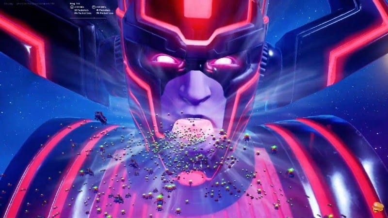A screenshot from the Fortnite Devourer of Worlds event with Galactus opening his mouth and sucking an army of Battle Buses inside