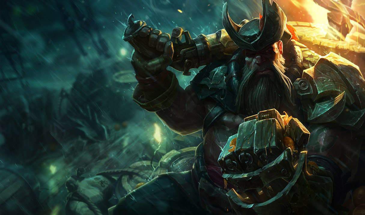 Splash art for League of Legends champion Gangplank, a pirate with an old pistol crushing an orange in his hand