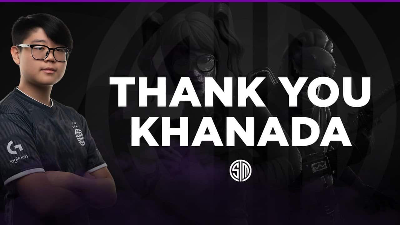 Pro Fortnite player Leon "Khanada" Khim stands with his arms folded next to the words "Thank you Khanada: over a dim TSM logo on a black background