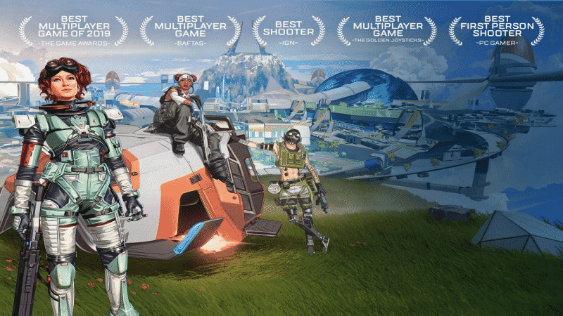 The legends Lifeline, Octane and new legend, Horizon, can be seen standing together on a green hill with the skyline of Olympus visible in the background. Awards Apex Legends won are listed above them in the sky incuding Best Multiplayer Game and Best First Person Shooter