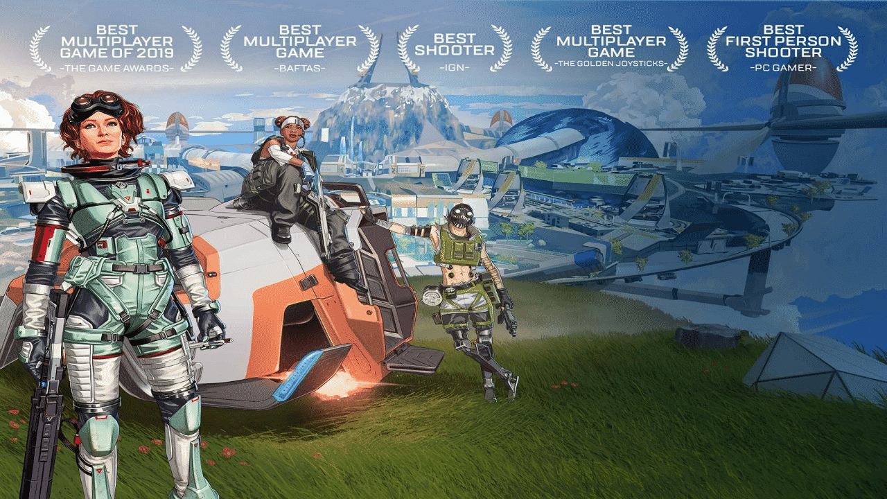 The legends Lifeline, Octane and new legend, Horizon, can be seen standing together on a green hill with the skyline of Olympus visible in the background. Awards Apex Legends won are listed above them in the sky incuding Best Multiplayer Game and Best First Person Shooter