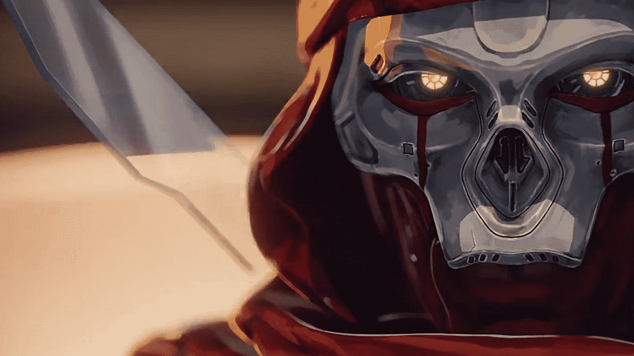 Promotional art for the release of Legend, Revenant, featuring a close up of his metallic skull mask with its glowing yellow eyes