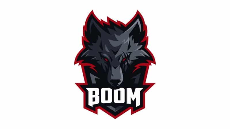 A menacing wolf head with dark fur is above the word BOOM on a white background as the BOOM Esports logo