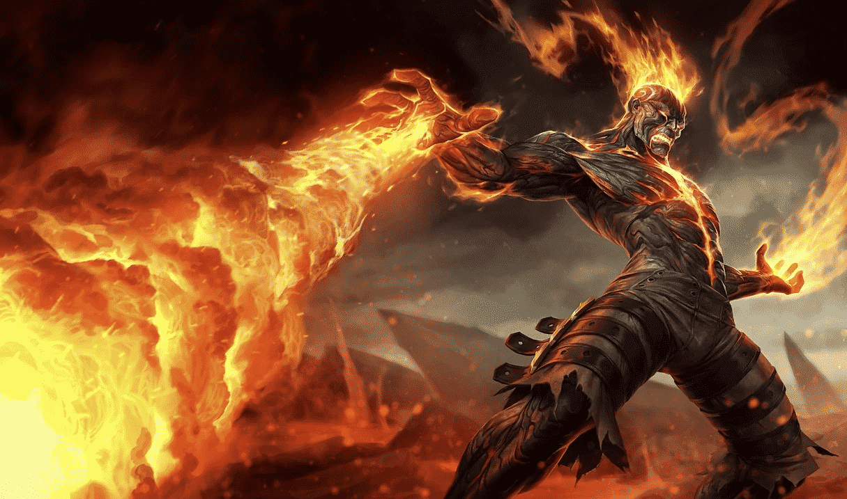 The splash art for League of Legends champion Brand, a flaming humanoid shooting fire out of his hands