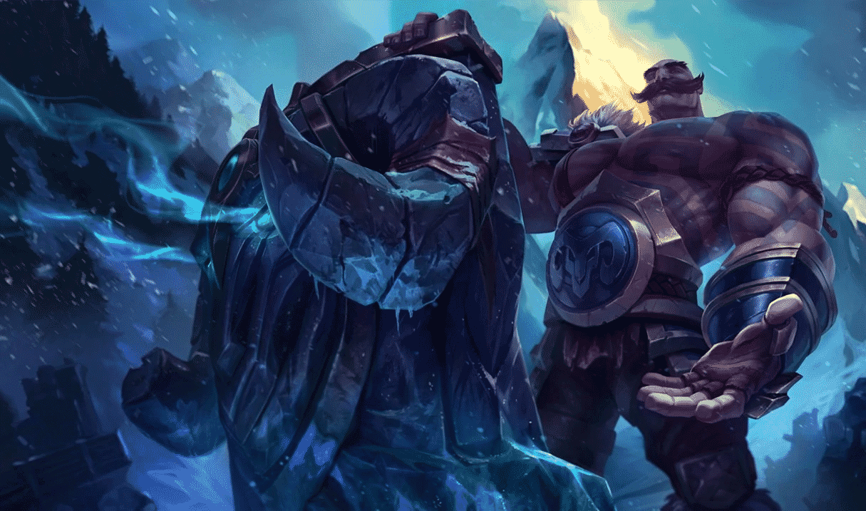 The splash art for League of Legends champion Braum, a muscular happy looking man holding a giant shield in the frozen north