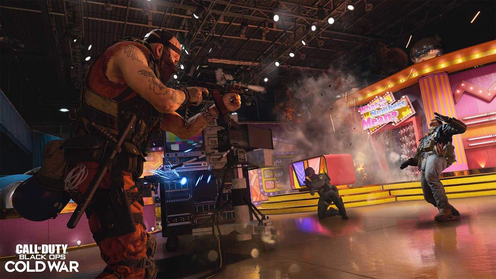 An agent opens fire on opponents with the Groza on the set of a game show in the new Gunfight mode coming to Black Ops Cold War Season 1