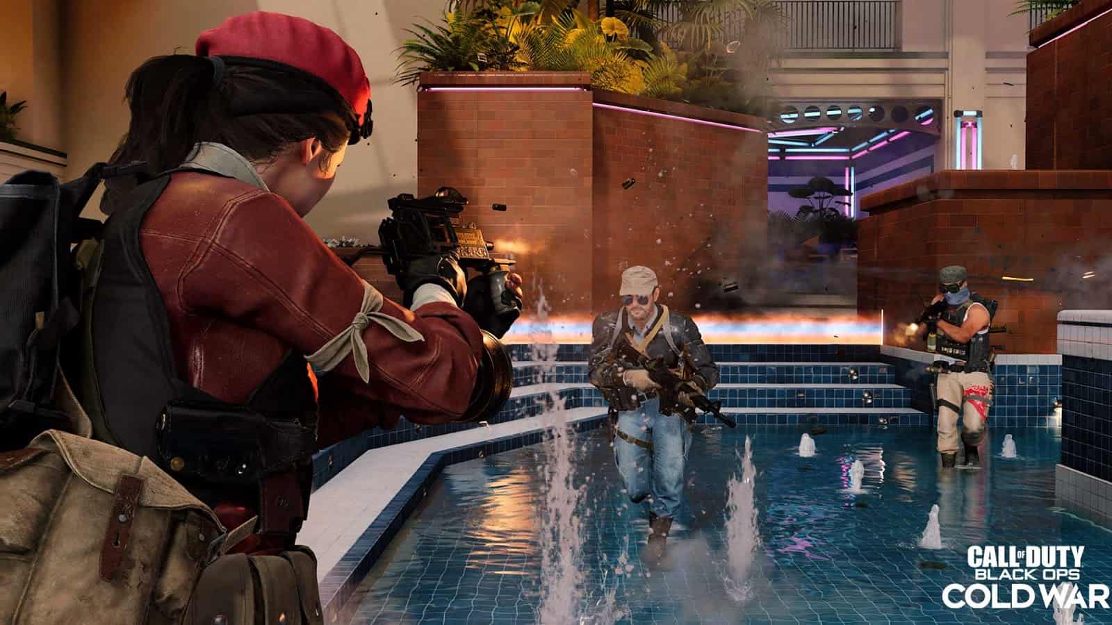 An agent takes aim with the Mac 10 while approaching an adversary through a luxury mansion's indoor swimming pool