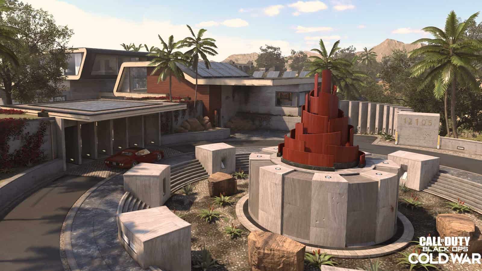 An in-game screen of the luxury houses and lush palm gardens that make up the Raid map coming to Season 1 of Black Ops Cold War