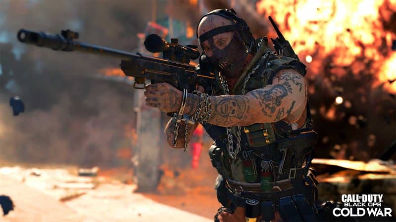 Stitch holds up his sniper rifle and gazes down the sight through the eyeholes of his mask, a blaze appears burning behind him