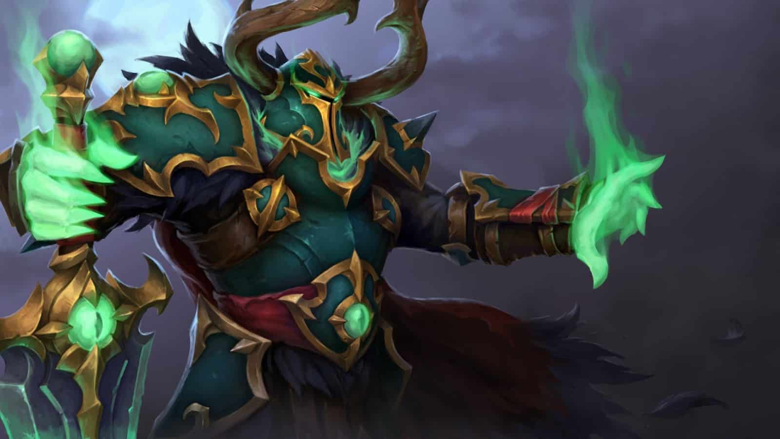 The Dota 2 hero, Wraith King stands with his sword driven into the ground beside him, ghostly green wisps of energy coil around his hands