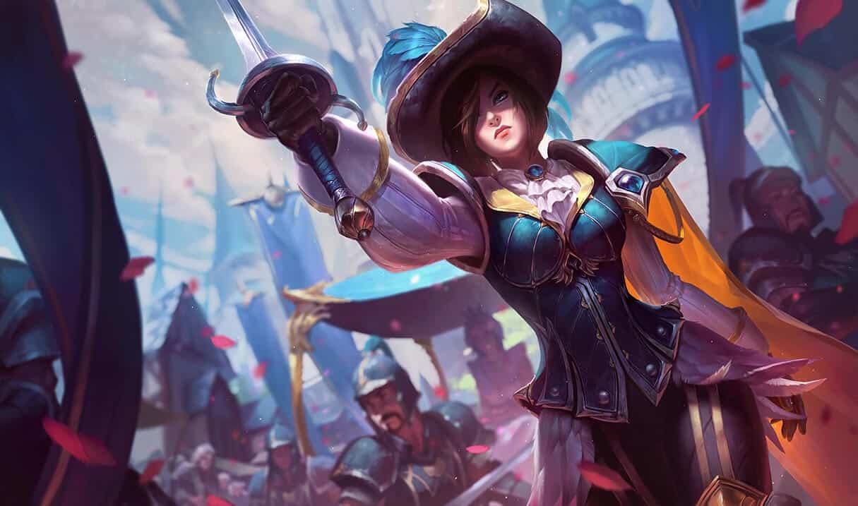 The splash art for Royal Guard Fiora from League of Legends, with her holding her rapier upwards and a crowd behind her