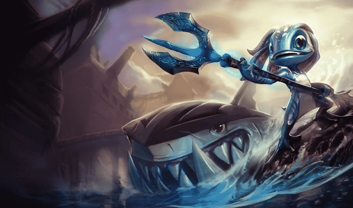 The splash art for League of Legends champion Fizz, a fish humanoid with a trident and a shark smiling next to him