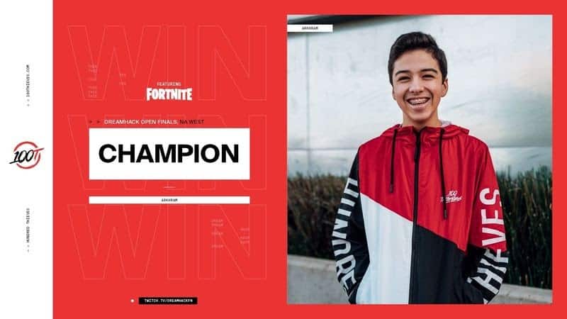 Diego "Arkhram" Lima smiles for the camera, the words "DreamHack Finals NA West Champion" appear to his left against a red background