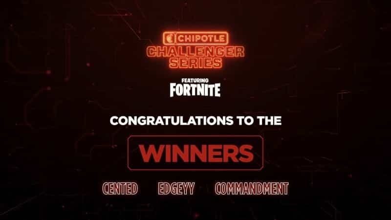 A red neon sign reads "Chipotle Challenger Series" in the top frame of the image, beneath are the words "Congratulations to the Winners" in white and red font. The player's names Cented, Edgey and Commandment appear in the bottom of the frame