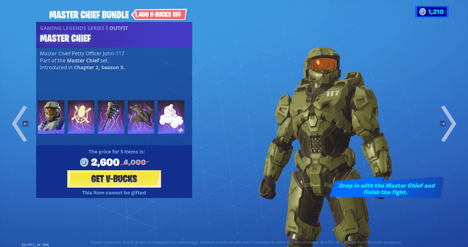 An in-game screen shot showing the Masterchief Bundle available with V-Bucks for a limited time