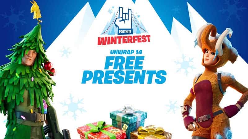 A previous Winterfest promotional image featuring a pile of gifts wrapped in festive paper. Two Fortnite characters stand either side in the Christmas tree and reindeer skins. The words "Winterfest" and "Unwrap 14 free presents" are written in the snow