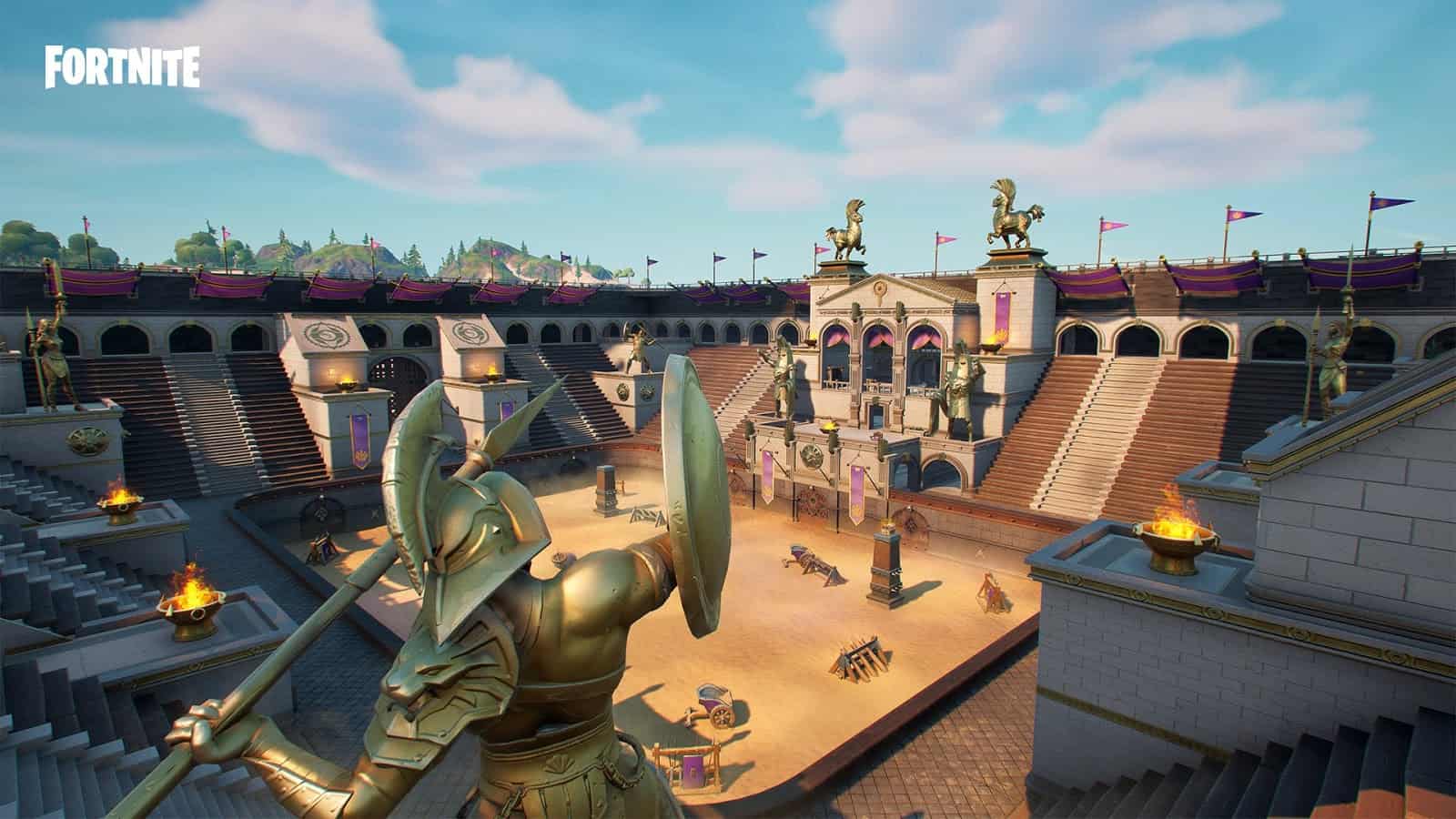 The new location Colossal Coliseum, featuring a large golden statue of a soldier throwing his spear