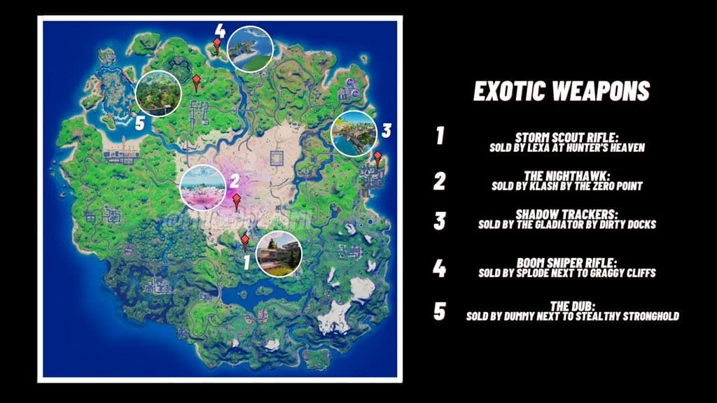 A screen grab of the Fortnite map showing the locations of the new exotic weapons as discovered by Fortnite leaker, formerly known as MikeyFNBR