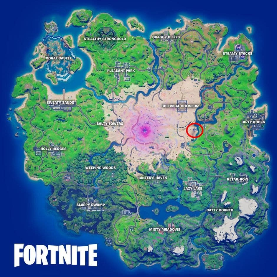 A screen shot of the Fortnite mao with a small red circle Zero Point at the Razor Crest