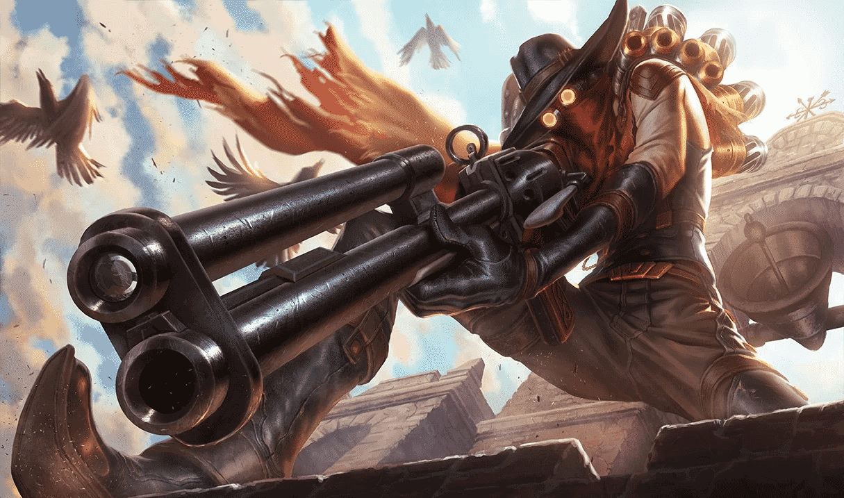 The splash art for League of Legends champion Jhin with the High Noon Jhin skin on, showing a man in a mask and bandana aiming a rifle off a building