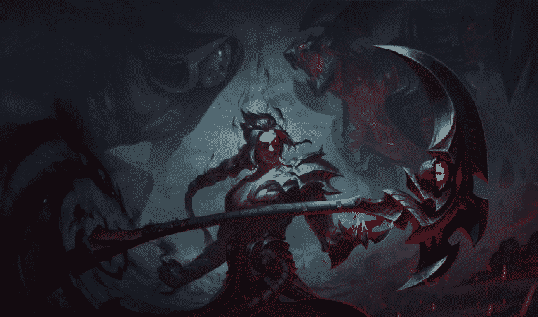The splash art for League of Legends champion Kayn, a man holding a massive scythe with two huge ghost like figures facing towards each other