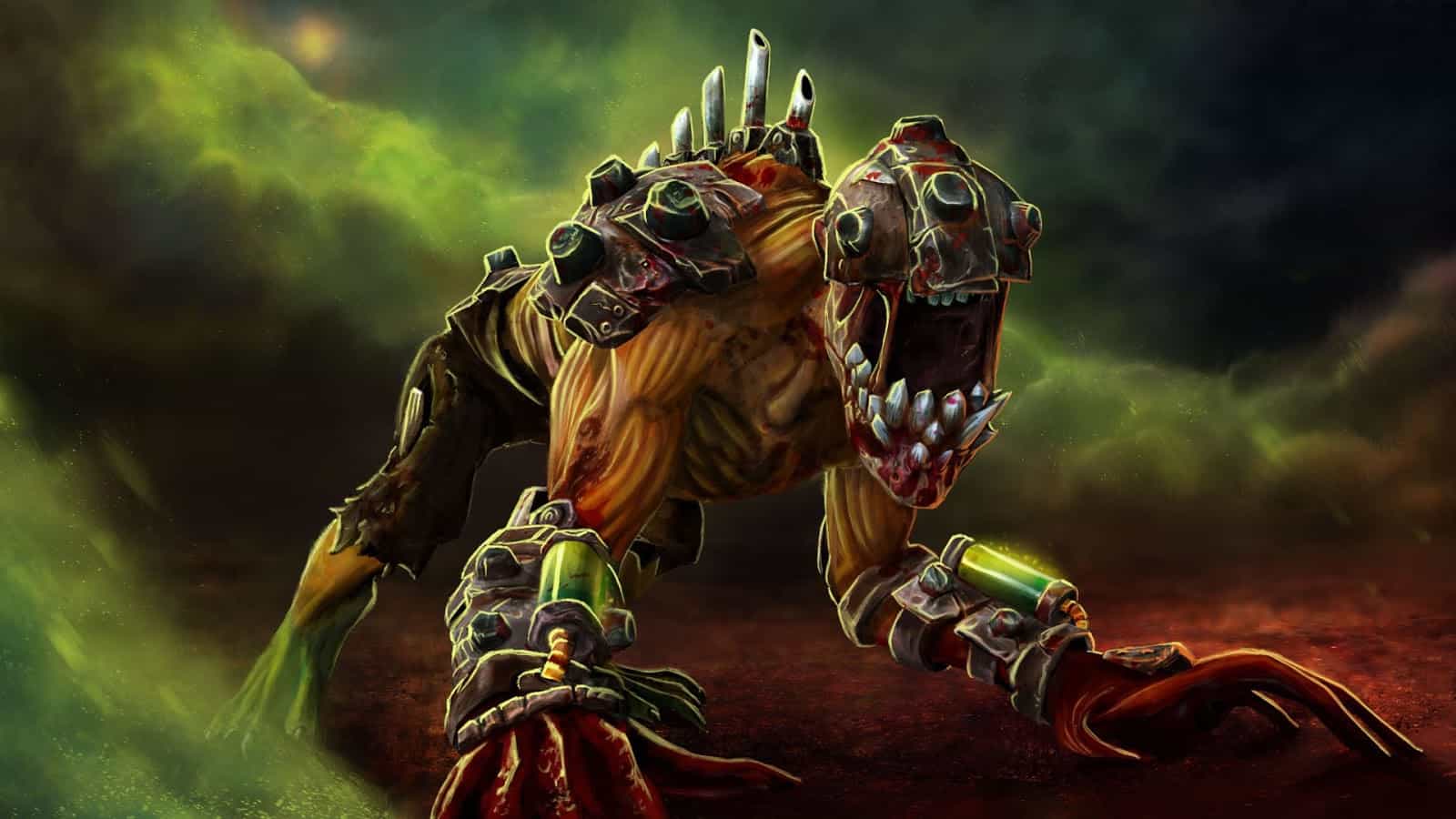 Dota 2 hero Lifestealer, a disgusting looking hound like creature with a mask, stands on rocky terrains with a green, noxious gas in the air around it