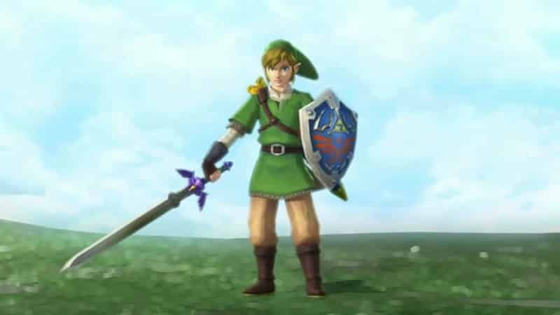 Link from the Legend of Zelda series holding a sword and shield in a grassy plain