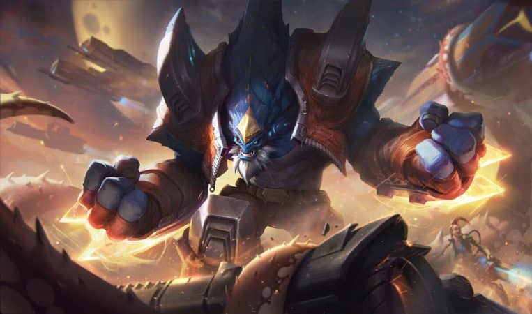 Splash art of Odyssey Malphite with the champion towering as a mountian creature as he stands menacingly