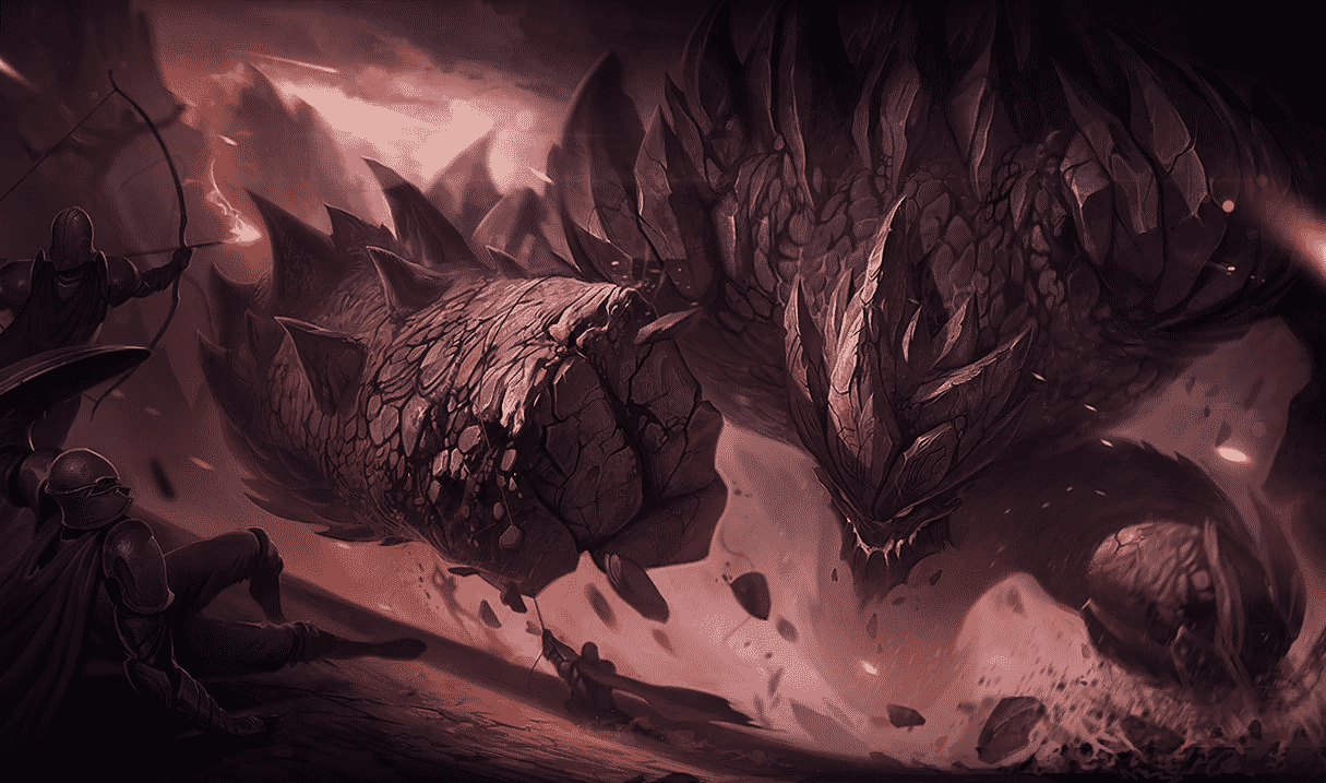 The splash art for League of Legends champion Malphite, a massive rock behemoth in an action stance