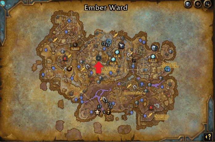 An in-game screen of the map showing the location of Castle Nathria in the middle of the Ember Ward