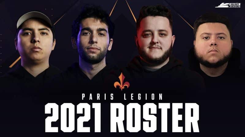 Pro Call of Duty League players Luis “Fire” Rivera, Ulysses “AquA” Silva,Matthew “Skrapz” Marshall and Nicholas “Classic” DiCostanzo stand together with the words "Paris Legion 2021 Roster" in white text below them and a CDL logo in the top corner