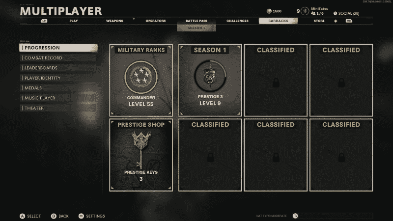 The Multiplayer Barracks screen in Call of Duty Black Ops Cold War showing level and prestige progression for a player and some medals to show their rank