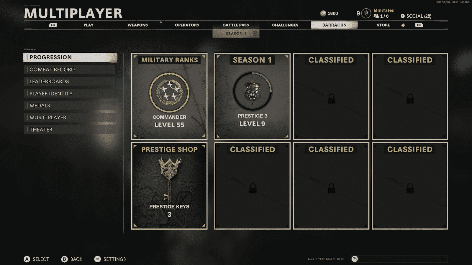 The Multiplayer Barracks screen in Call of Duty Black Ops Cold War showing level and prestige progression for a player and some medals to show their rank