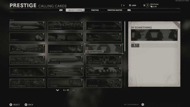 The Prestige Calling Cards selection screen in Call of Duty Black Ops Cold War showing a list of calling cards of different variety in small boxes