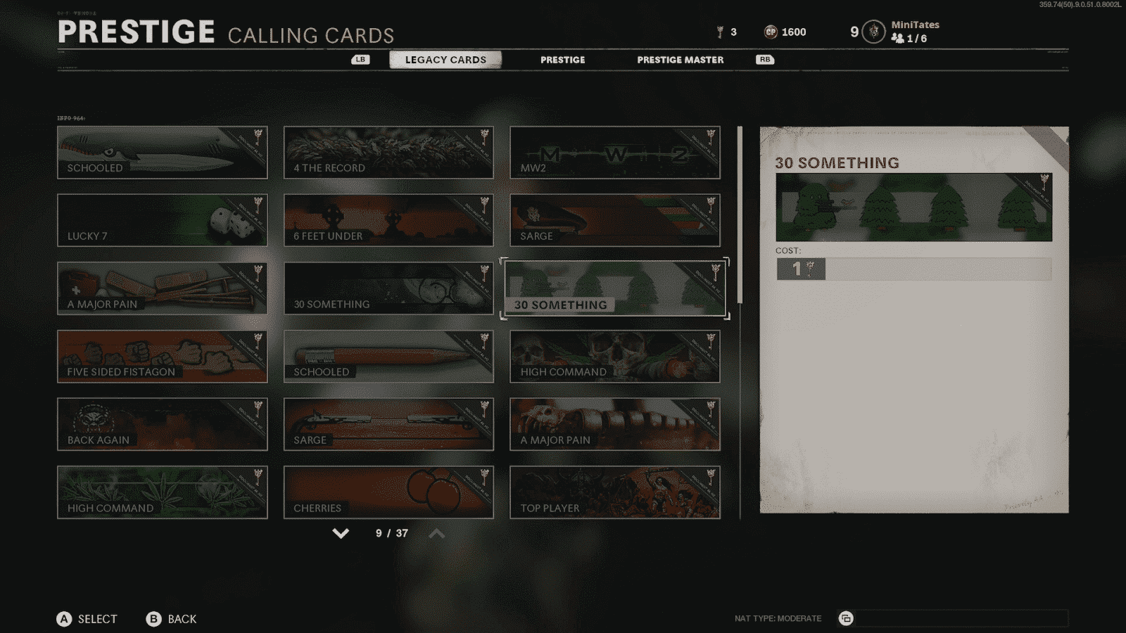 The Prestige Calling Cards selection screen in Call of Duty Black Ops Cold War showing a list of calling cards of different variety in small boxes