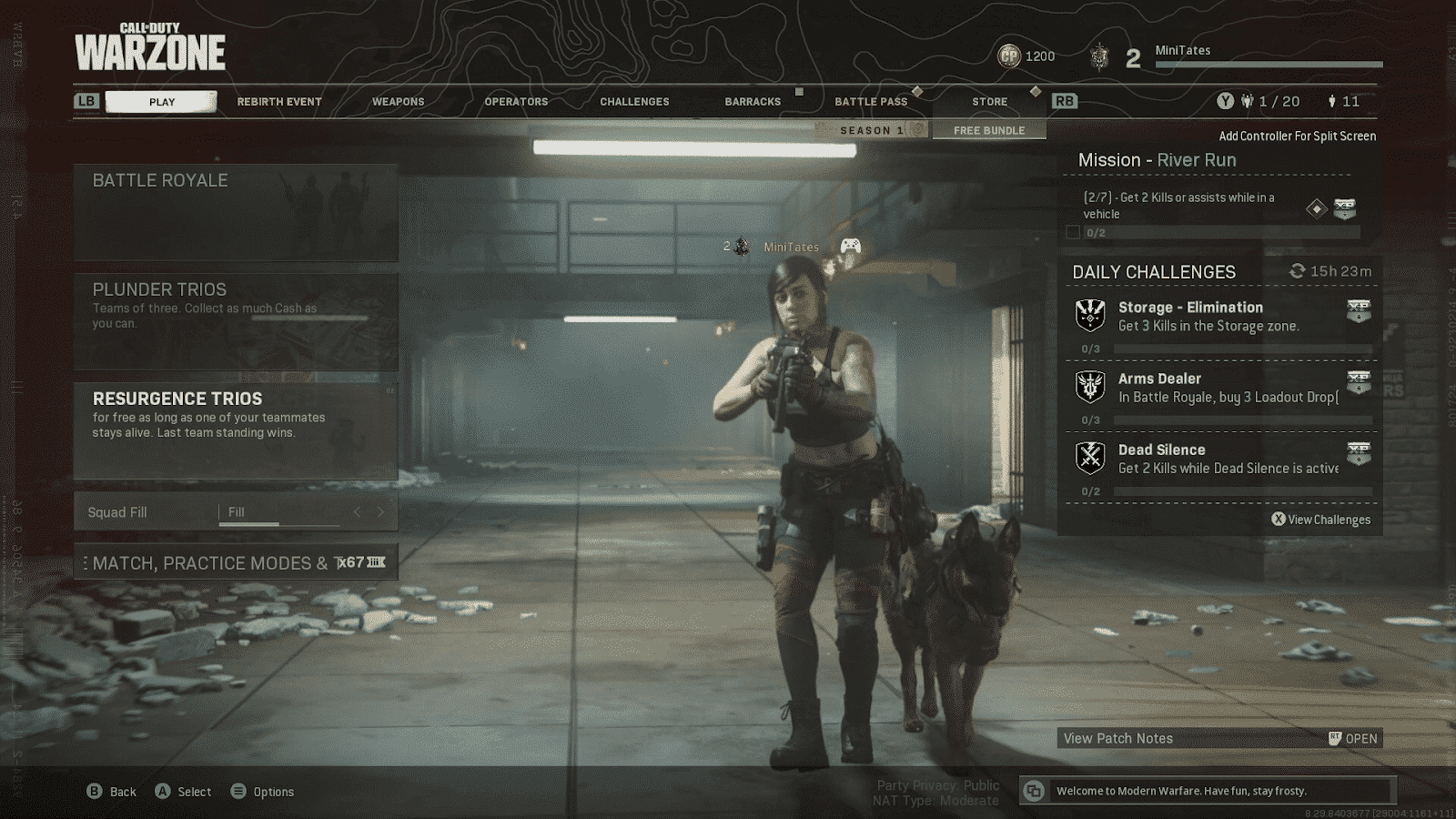 A female soldier holds her rifle up in an abandoned warehouse with a dog next to her in a Call of Duty Black Ops Cold War Warzone lobby screen