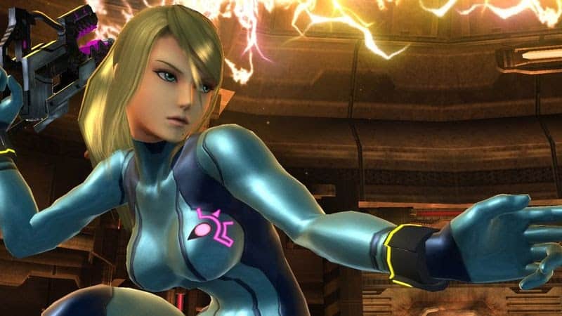 Samus from the Metroid series in her Zero Suit holding a pistol up with lightning behind her