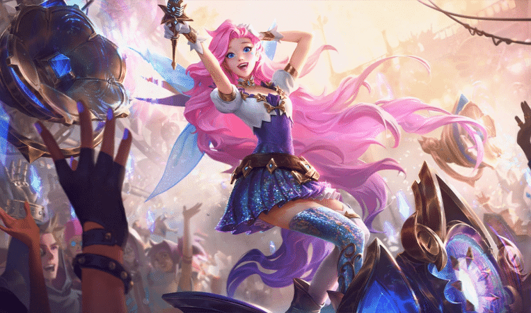The splash art for League of Legends champion Seraphine, a pop star idol on a stage with a rowdy crowd around her