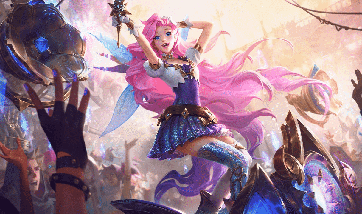The splash art for League of Legends champion Seraphine, a pop star idol on a stage with a rowdy crowd around her